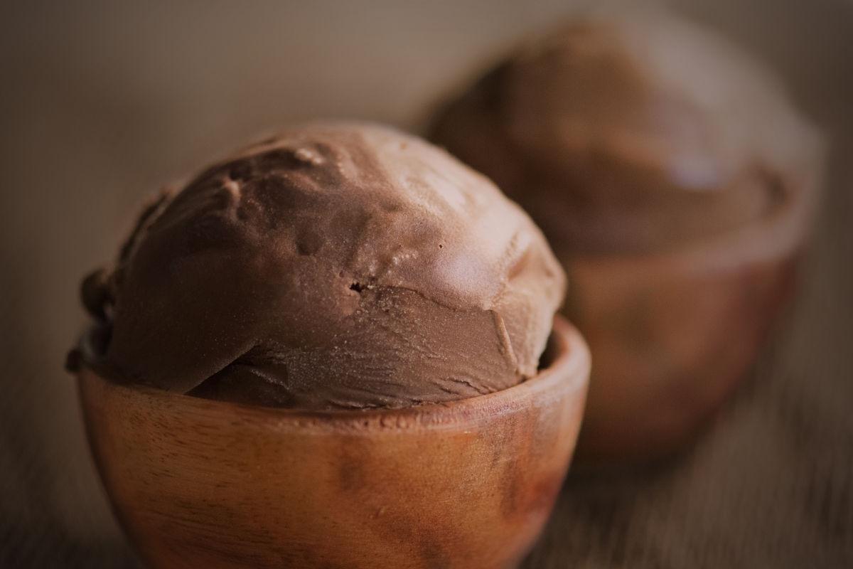 Bittersweet chocolate ice cream in wooden bowls