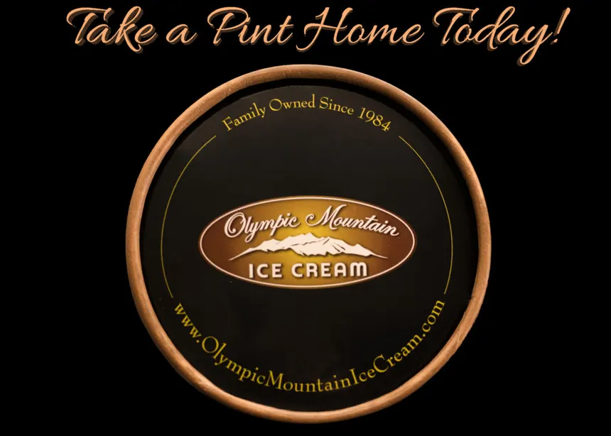 Olympic Mountain Ice Cream pint lid — Take a Pint Home Today, family owned since 1984