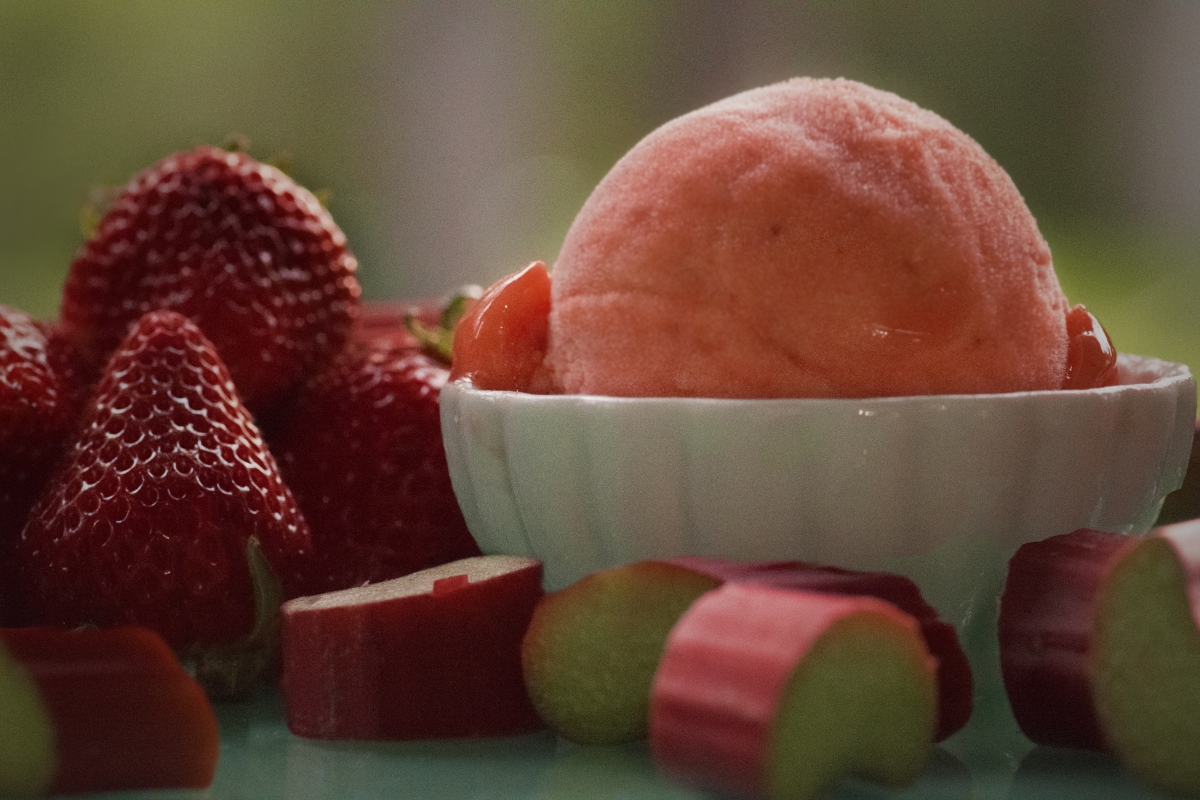 Strawberry rhubarb ice cream with fresh strawberries and rhubarb