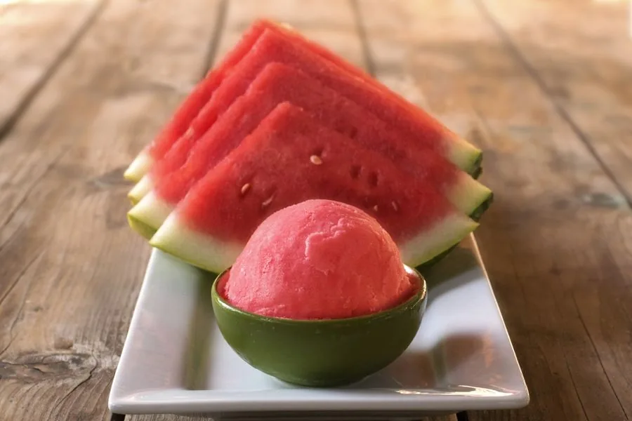 Watermelon sorbet with fresh watermelon slices